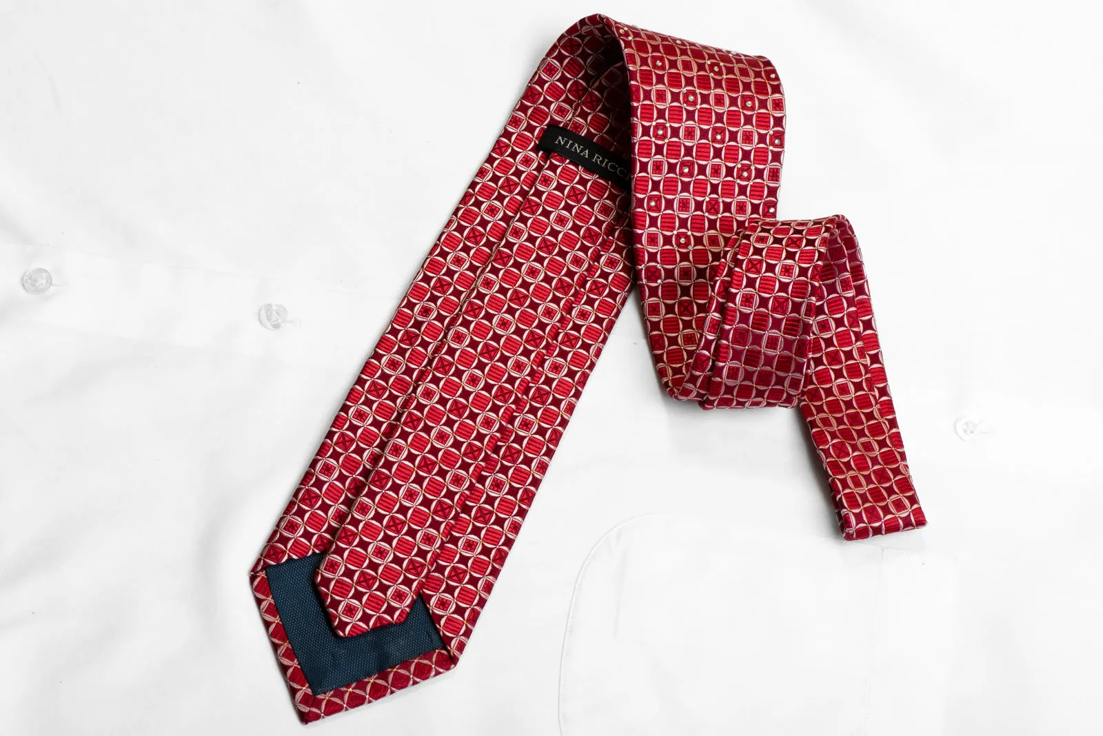 Silk Necktie Red Geometric On Burgundy With Gold Sparkles