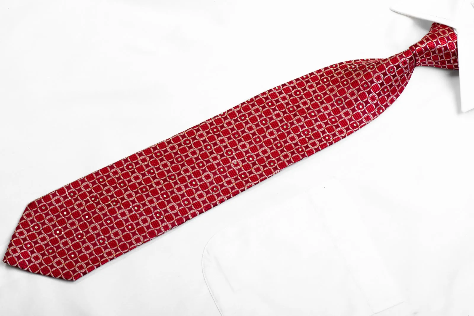 Silk Necktie Red Geometric On Burgundy With Gold Sparkles
