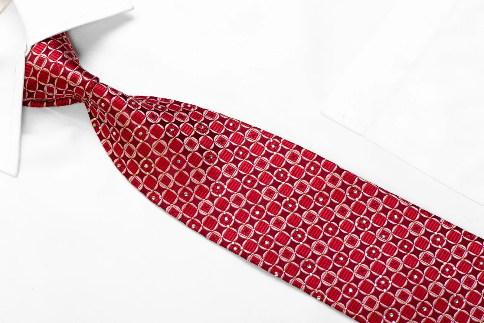 Silk Necktie Red Geometric On Burgundy With Gold Sparkles