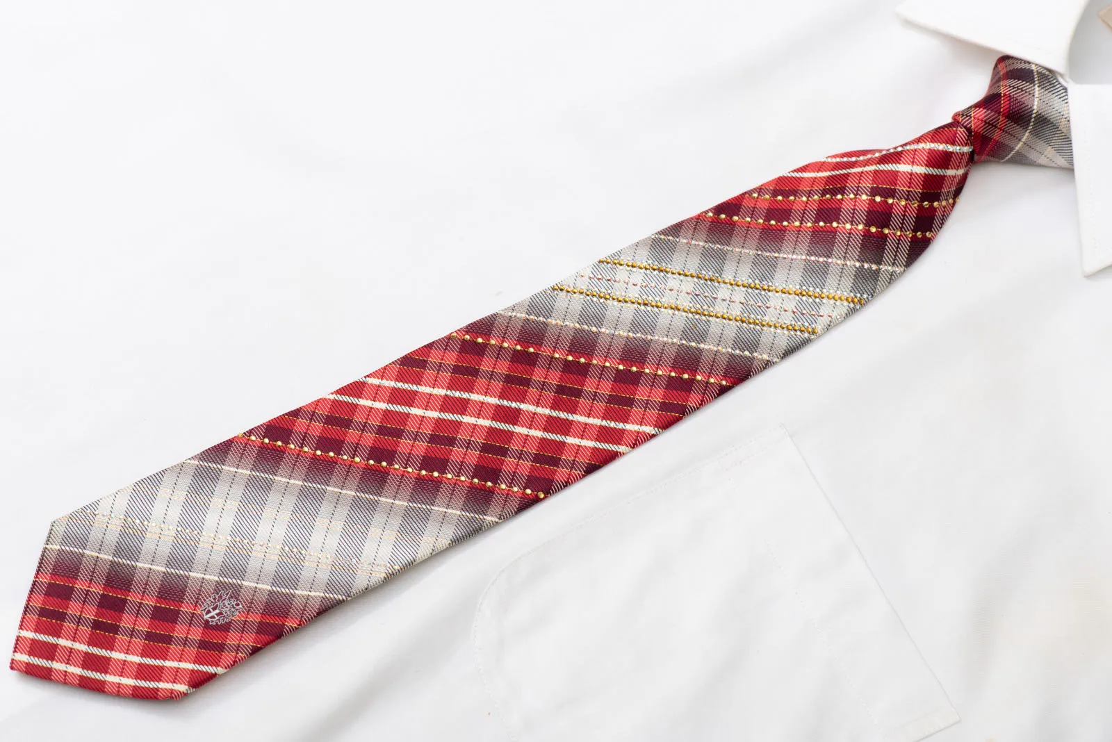 Silver Red Burgundy Plaid Design Rhinestone Silk Necktie With Gold Sparkles