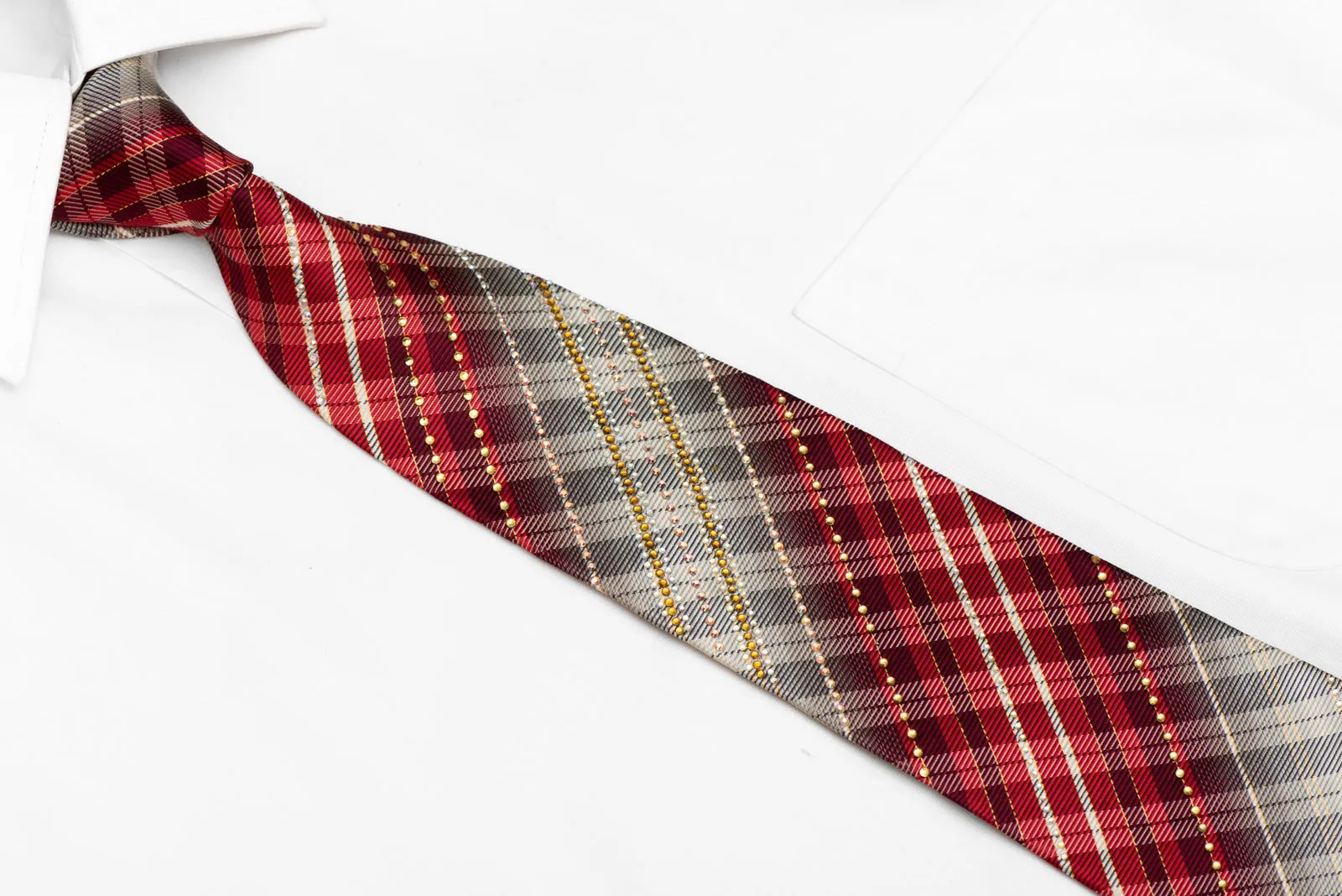 Silver Red Burgundy Plaid Design Rhinestone Silk Necktie With Gold Sparkles
