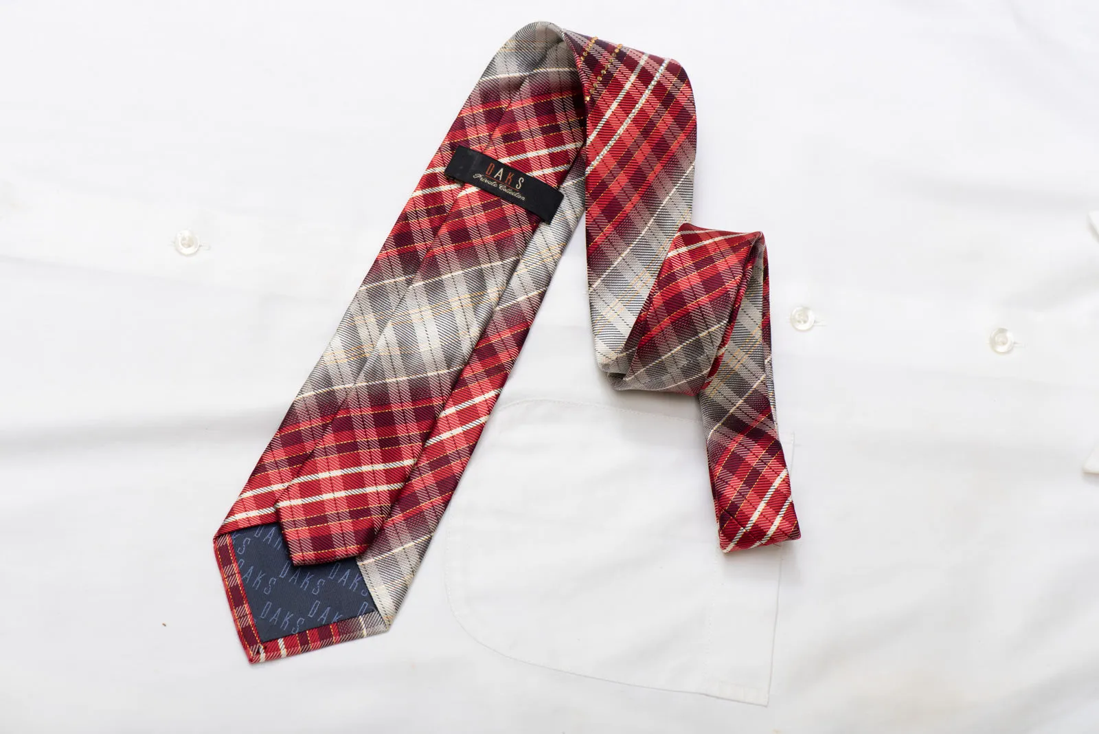 Silver Red Burgundy Plaid Design Rhinestone Silk Necktie With Gold Sparkles