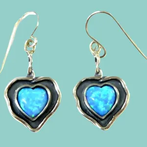 Sterling silver Heart earrings set with Blue opals Israeli designer jewelry gift for mom