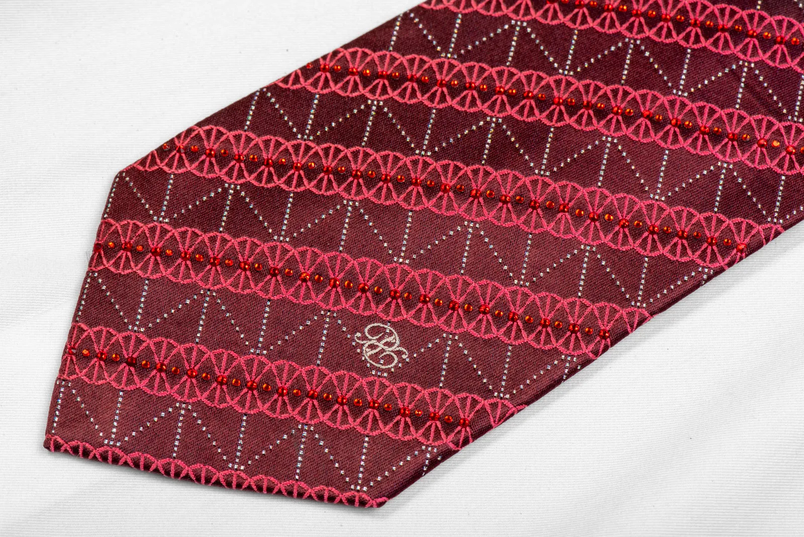 Striped Pattern On Burgundy Rhinestone Tie With Silver Sparkles