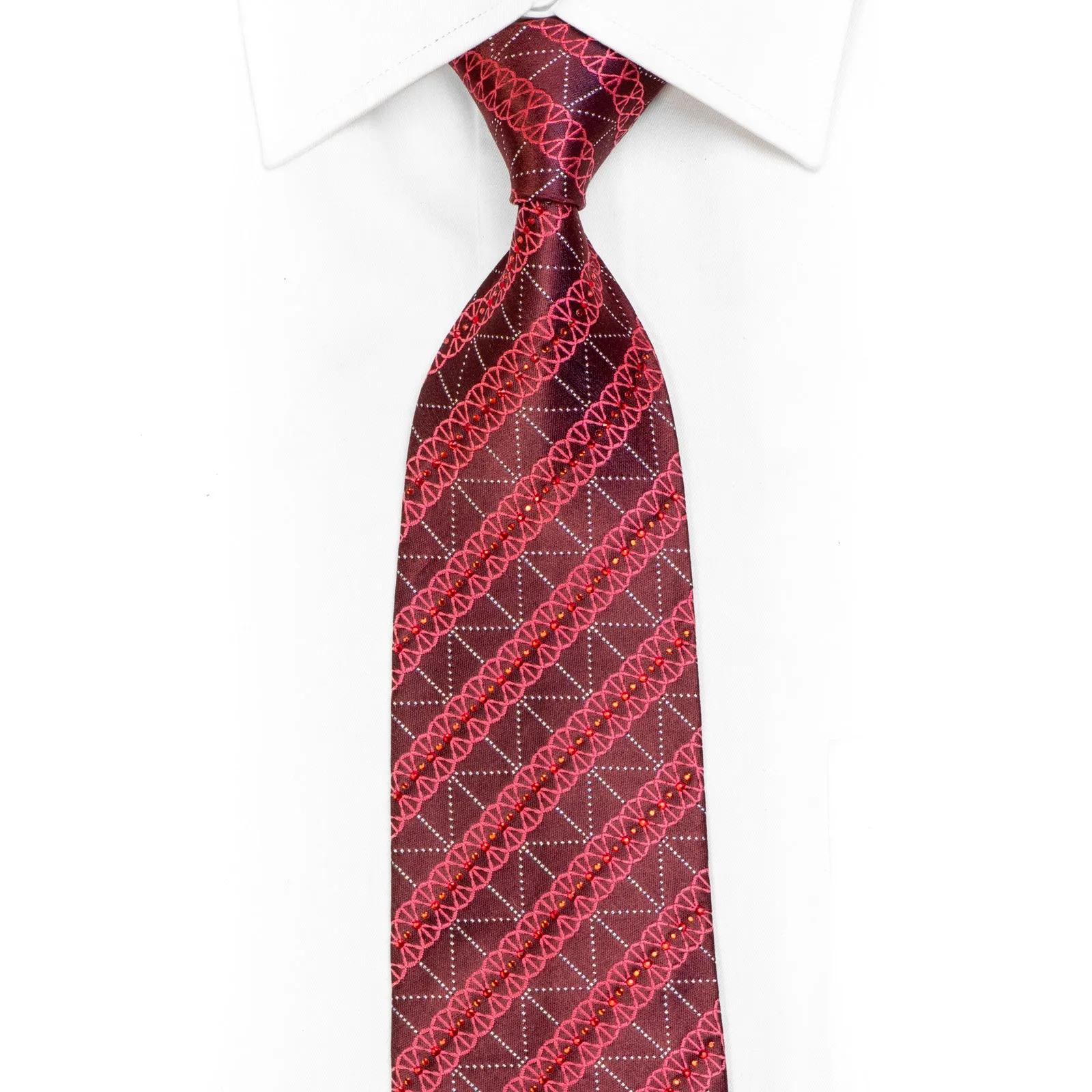 Striped Pattern On Burgundy Rhinestone Tie With Silver Sparkles
