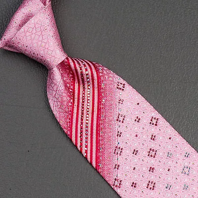 Taiyo Silk Neck Tie Red Stripes In Pink With Lattice Pattern & Rhinestones