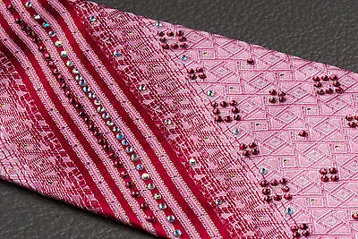 Taiyo Silk Neck Tie Red Stripes In Pink With Lattice Pattern & Rhinestones