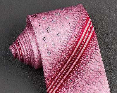 Taiyo Silk Neck Tie Red Stripes In Pink With Lattice Pattern & Rhinestones