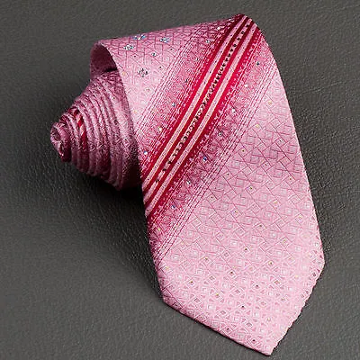 Taiyo Silk Neck Tie Red Stripes In Pink With Lattice Pattern & Rhinestones