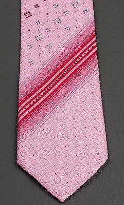 Taiyo Silk Neck Tie Red Stripes In Pink With Lattice Pattern & Rhinestones
