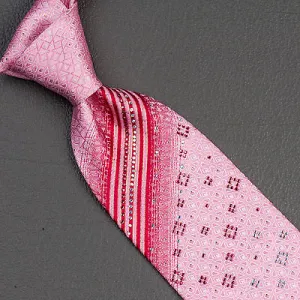 Taiyo Silk Neck Tie Red Stripes In Pink With Lattice Pattern & Rhinestones