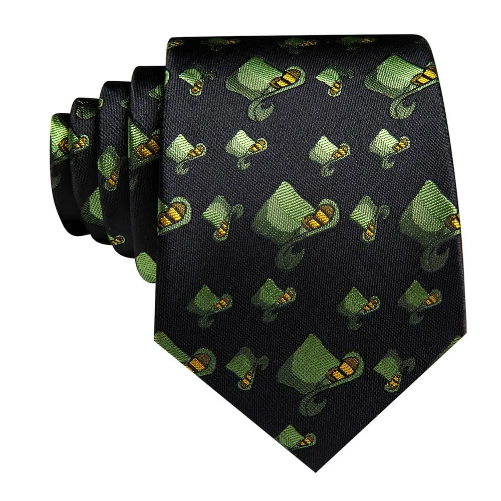 Ties2you Black Green Christmas Hat Men's Tie Pocket Square Cufflinks Set