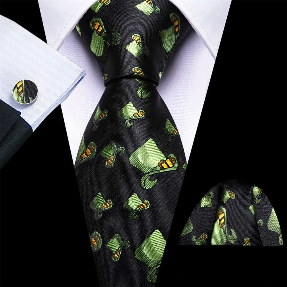 Ties2you Black Green Christmas Hat Men's Tie Pocket Square Cufflinks Set