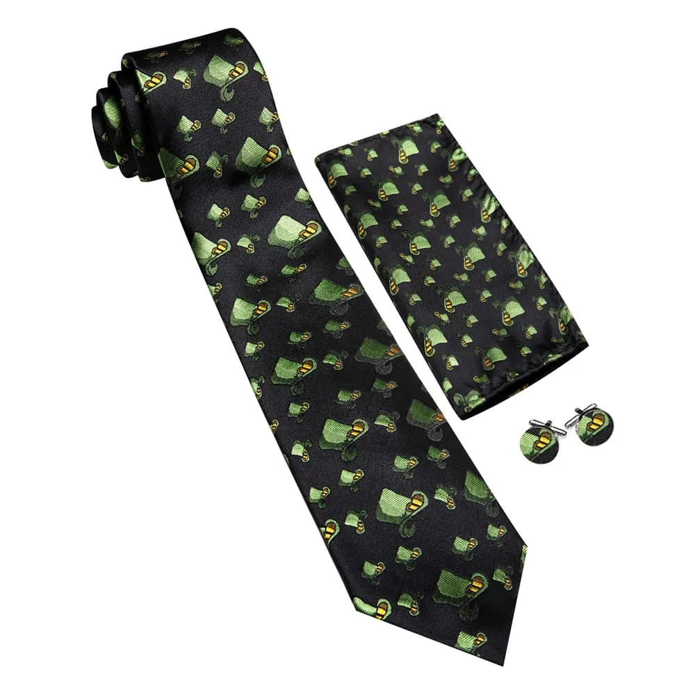 Ties2you Black Green Christmas Hat Men's Tie Pocket Square Cufflinks Set