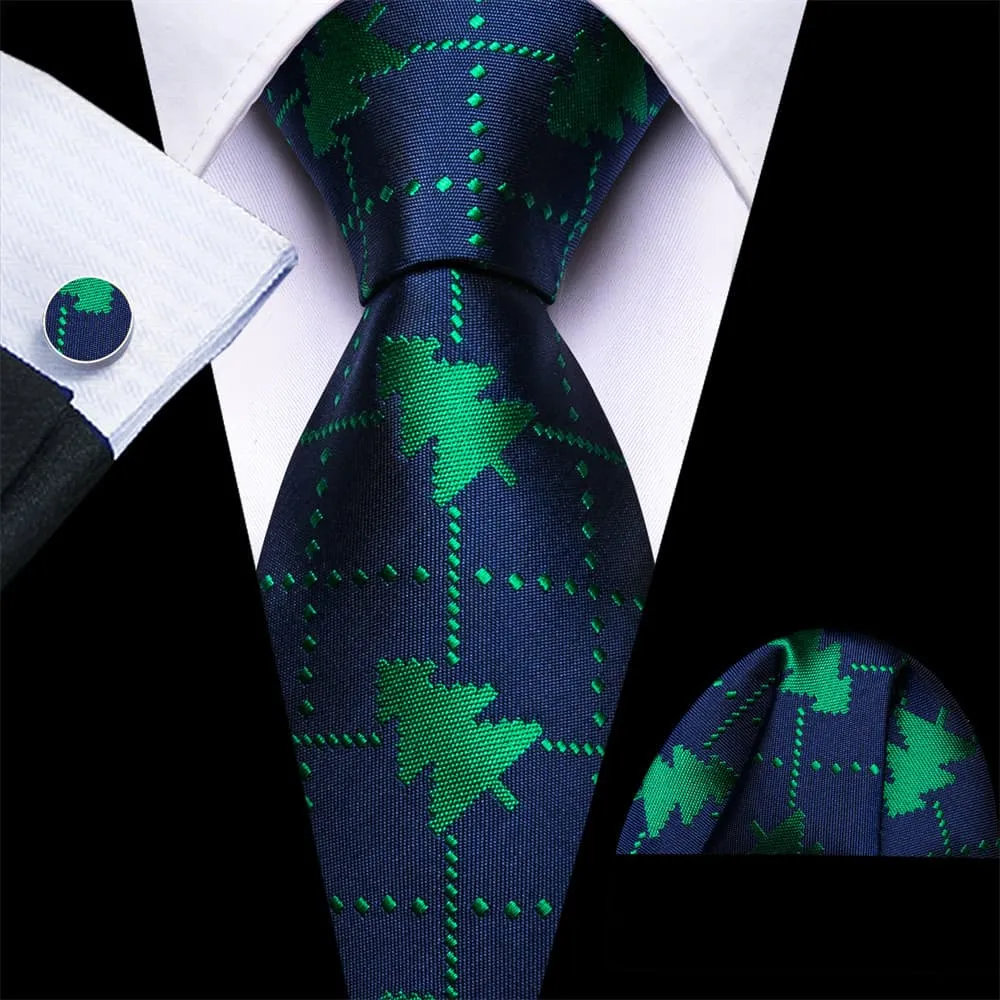 Ties2you Dark Blue Green Christmas Tree Plaid Men's Tie Pocket Square Cufflinks Set