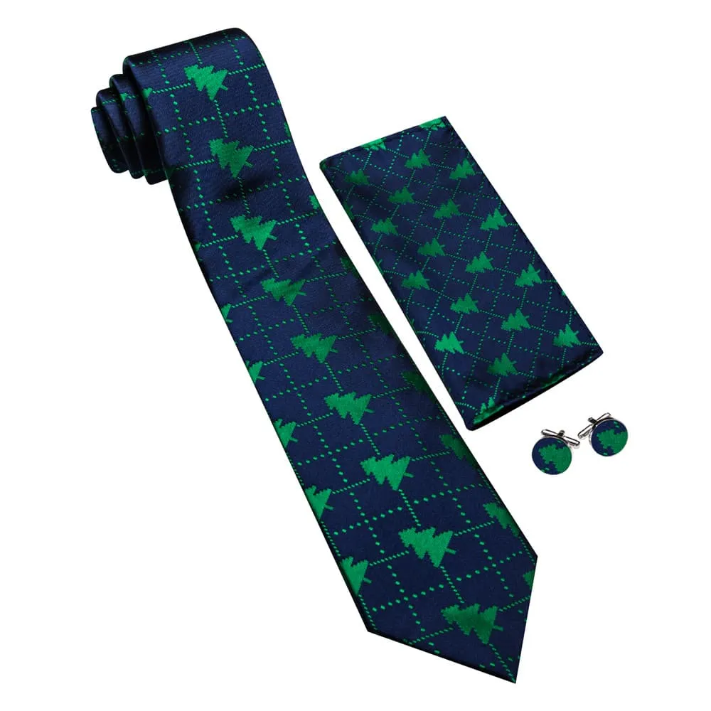 Ties2you Dark Blue Green Christmas Tree Plaid Men's Tie Pocket Square Cufflinks Set
