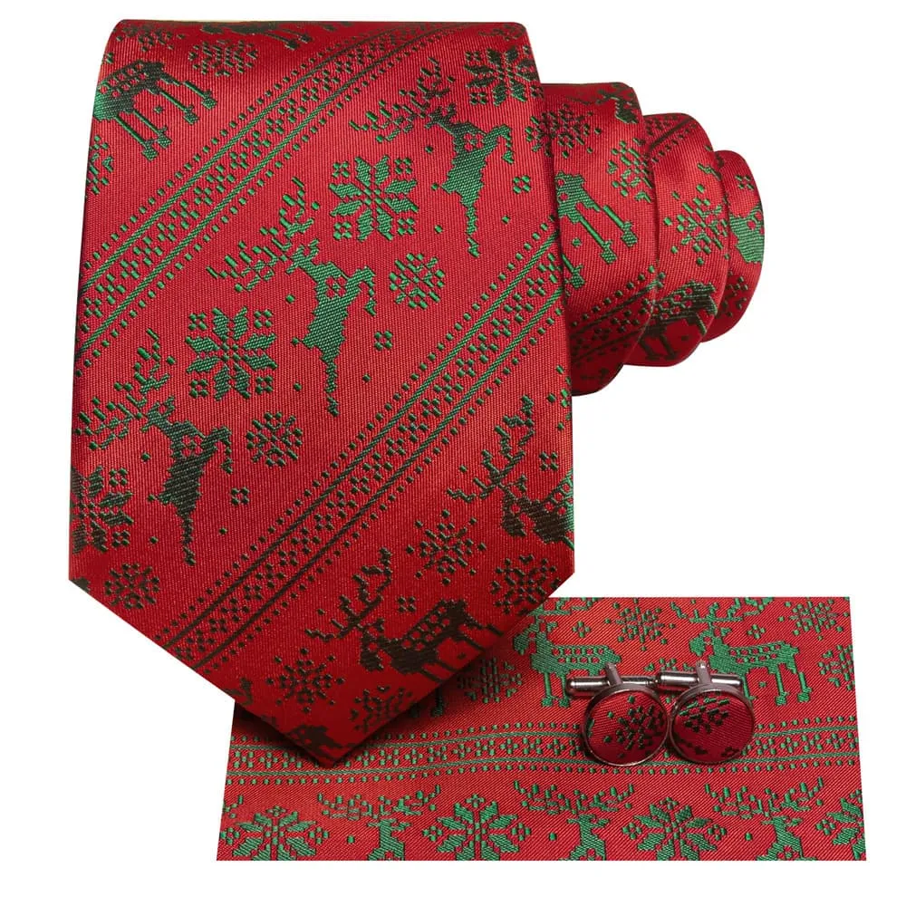 Ties2you Red Green Christmas Elk Necktie Square Cufflinks Set