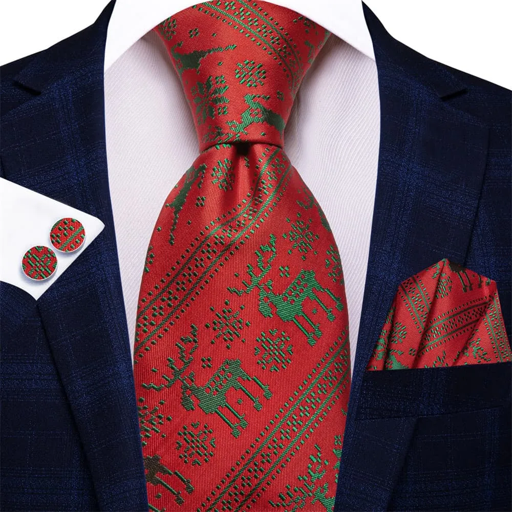 Ties2you Red Green Christmas Elk Necktie Square Cufflinks Set