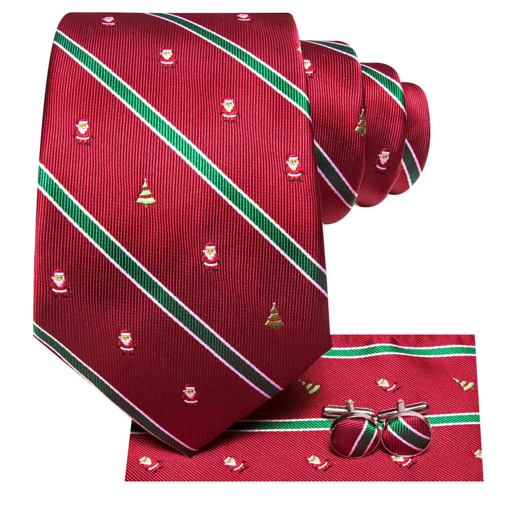 Ties2you Red Green Striped Christmas Santa Claus Necktie Square Cufflinks Set