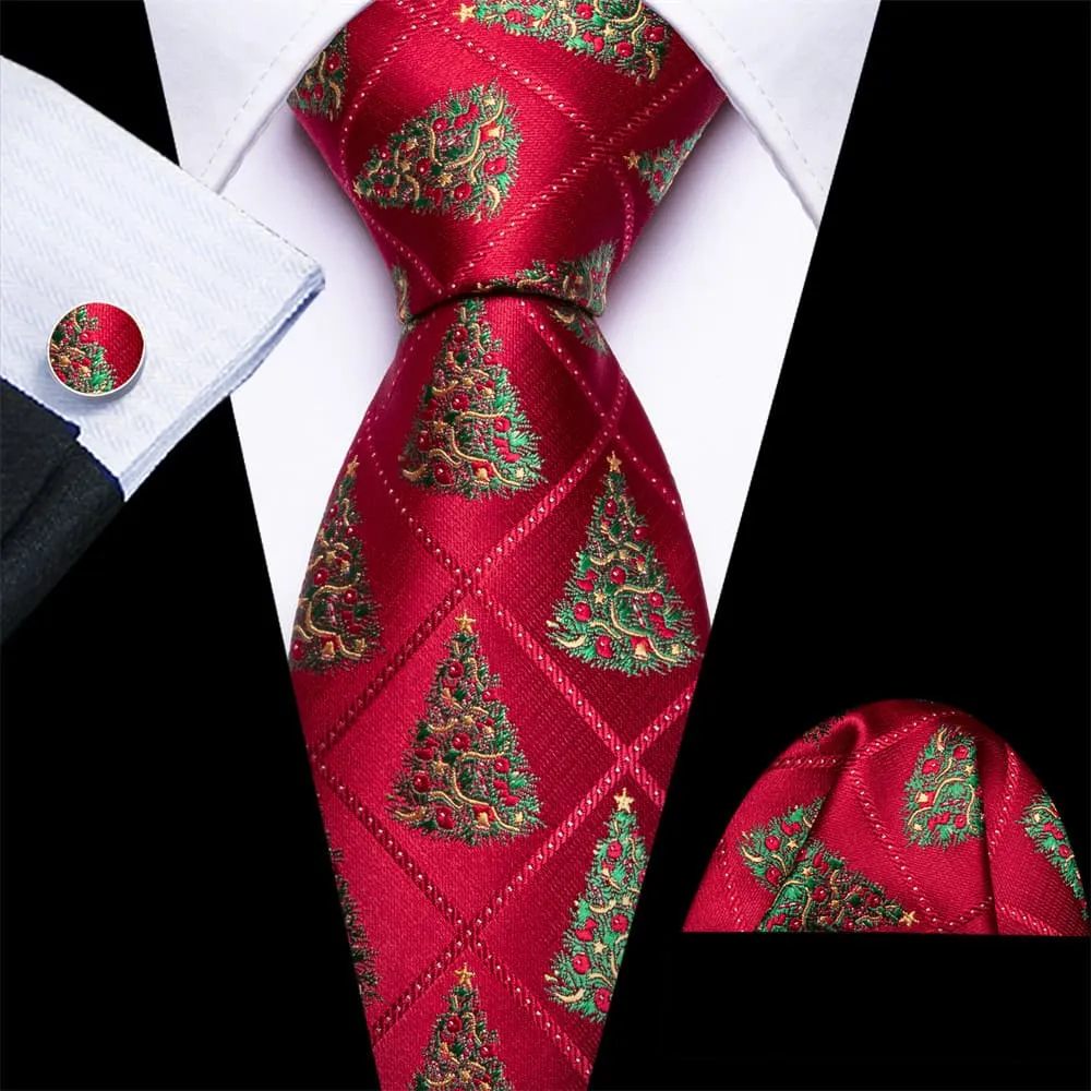 Ties2you Red Plaid Christmas Tree Men's Tie Pocket Square Cufflinks Set
