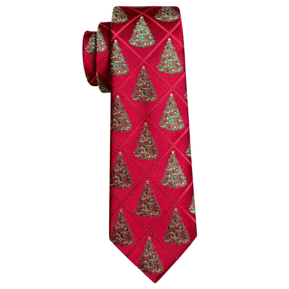Ties2you Red Plaid Christmas Tree Men's Tie Pocket Square Cufflinks Set