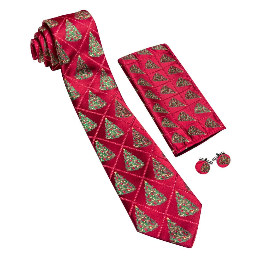 Ties2you Red Plaid Christmas Tree Men's Tie Pocket Square Cufflinks Set
