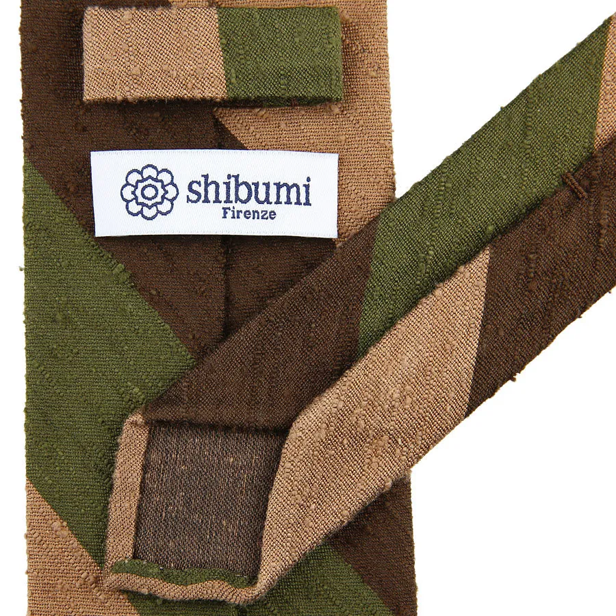 Triple Block Stripe Shantung Silk Tie - Brown / Olive / Beige