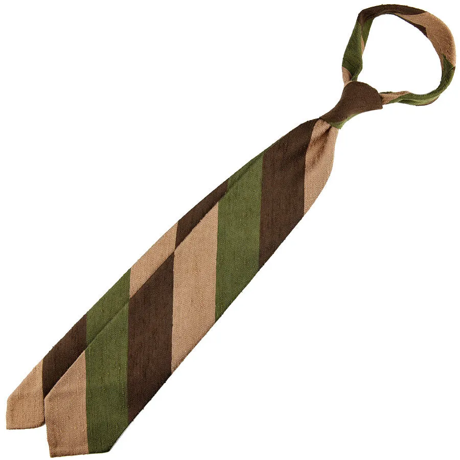 Triple Block Stripe Shantung Silk Tie - Brown / Olive / Beige