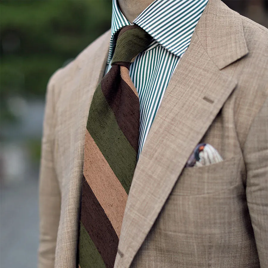 Triple Block Stripe Shantung Silk Tie - Brown / Olive / Beige