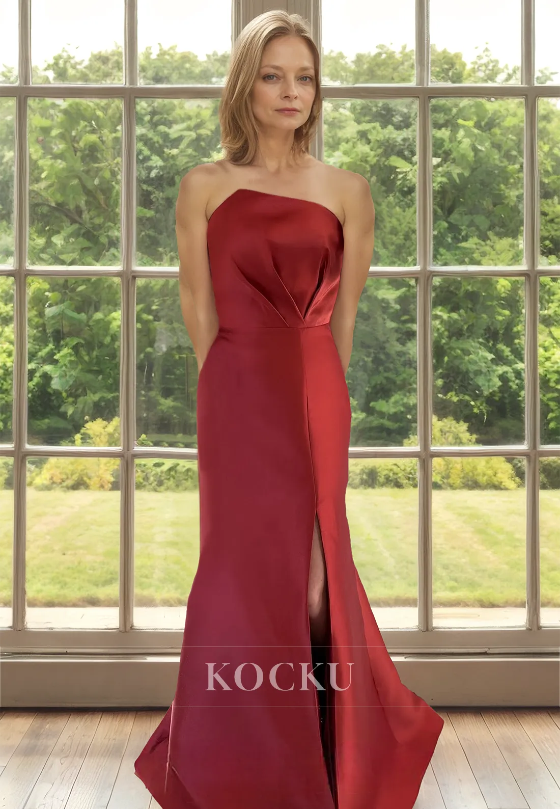 Tube Top Mermaid Sleeveless Floor-Length Satin Cocktail Dress with Floral Embossed Mother of Groom