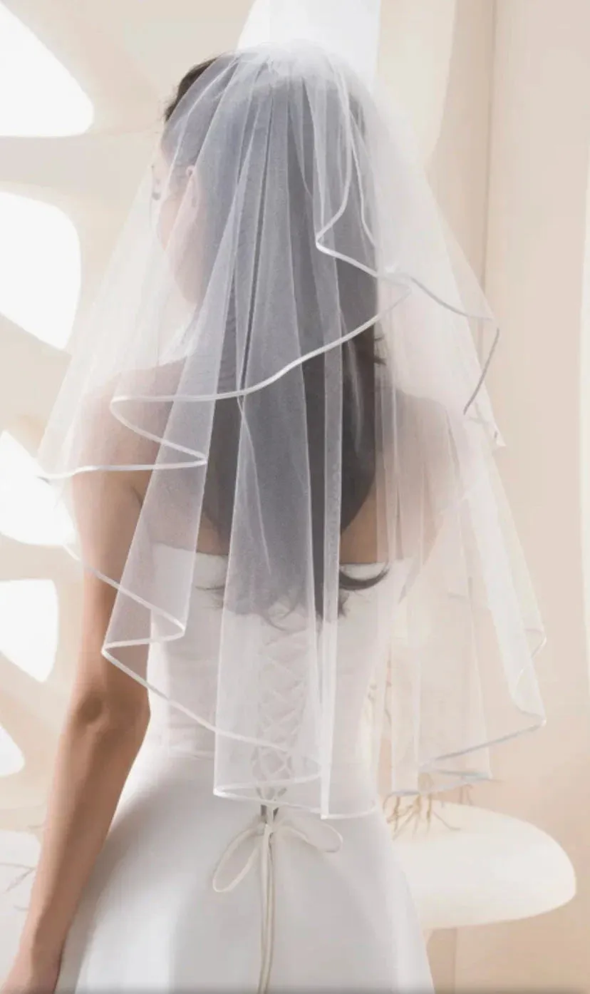 White satin ribbon edge trim two tier classic wedding veil, Satin Edged Veil, Short Classical Veil, Two Tier Classical Veil