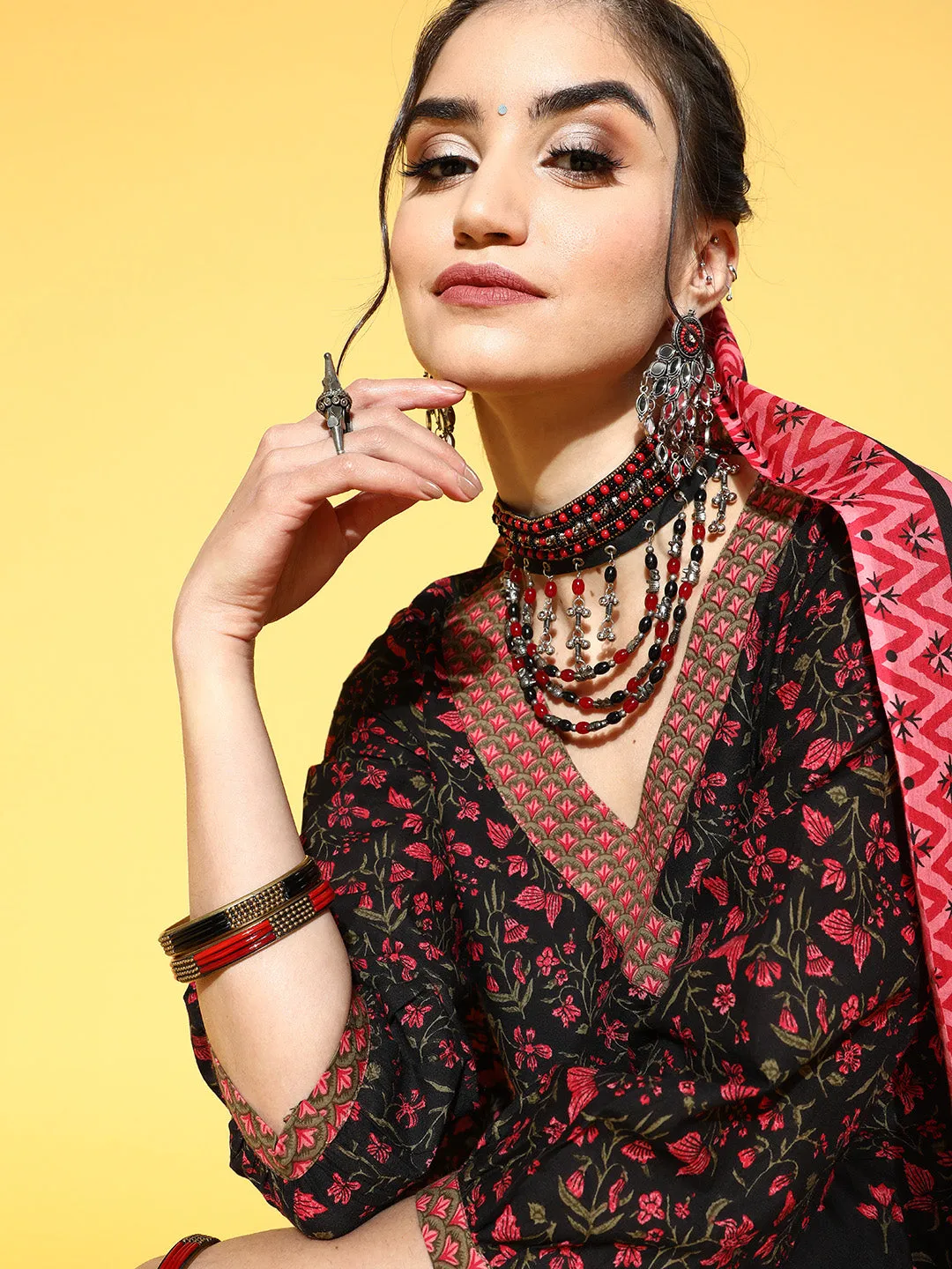 Women Black & Pink Floral Printed Angrakha Pure Cotton Kurta With Palazzos & Dupatta