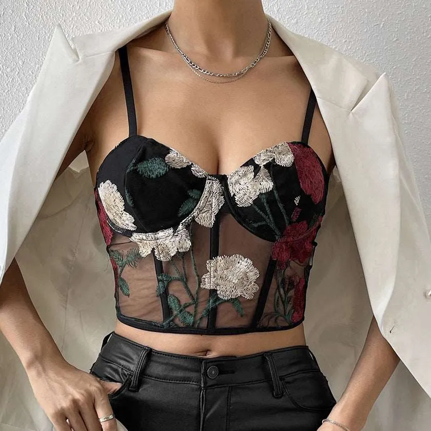 Women's Retro Net Yarn Flowers Embroidered Corset Strap Top