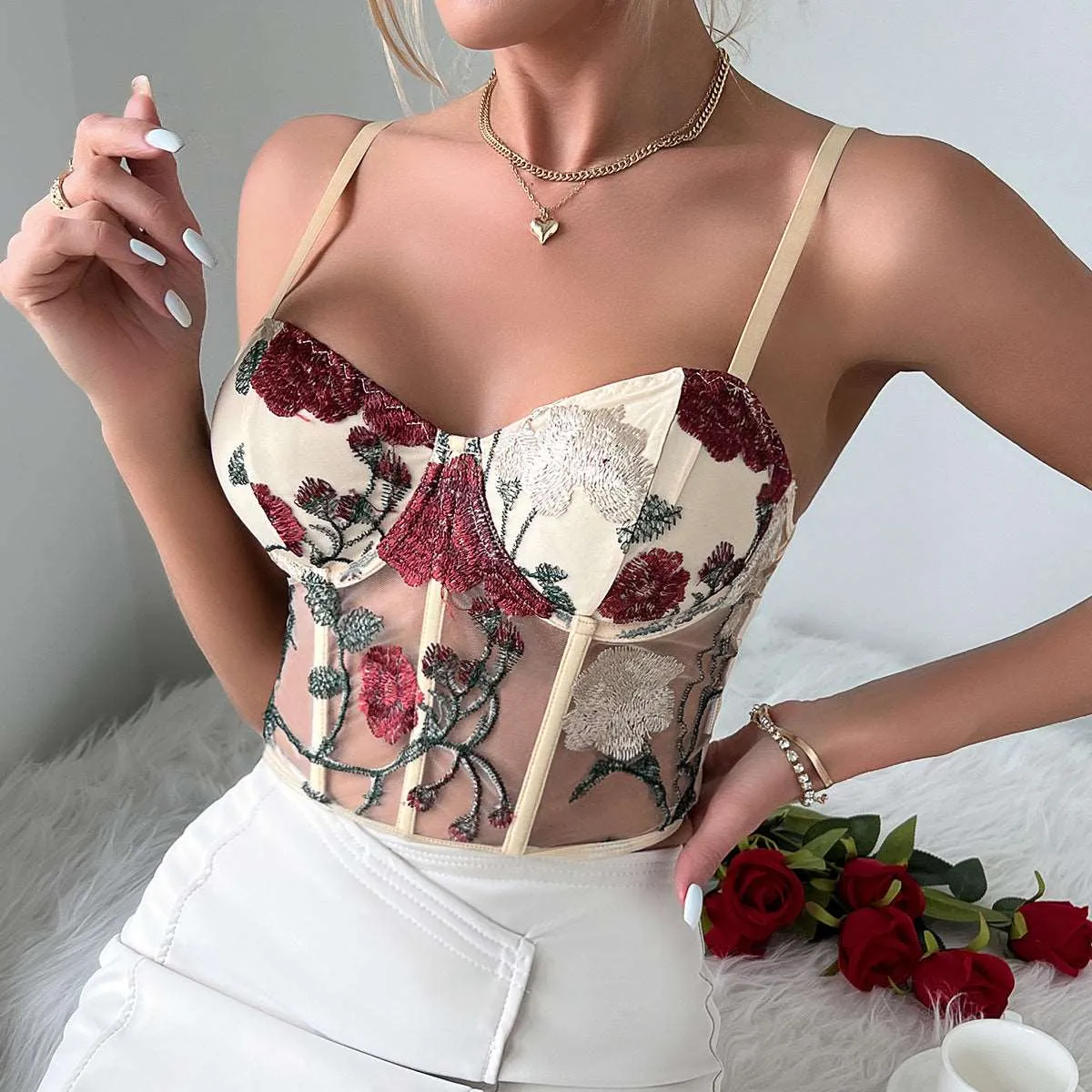 Women's Retro Net Yarn Flowers Embroidered Corset Strap Top
