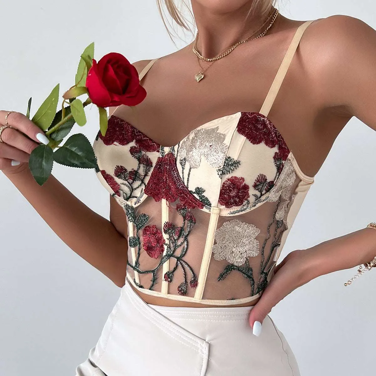 Women's Retro Net Yarn Flowers Embroidered Corset Strap Top