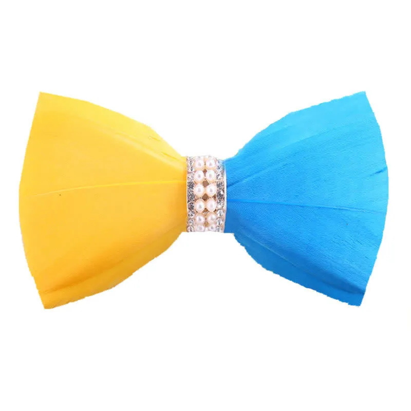 Yellow & Blue Shiny Pearl Feather Bow Tie with Lapel Pin